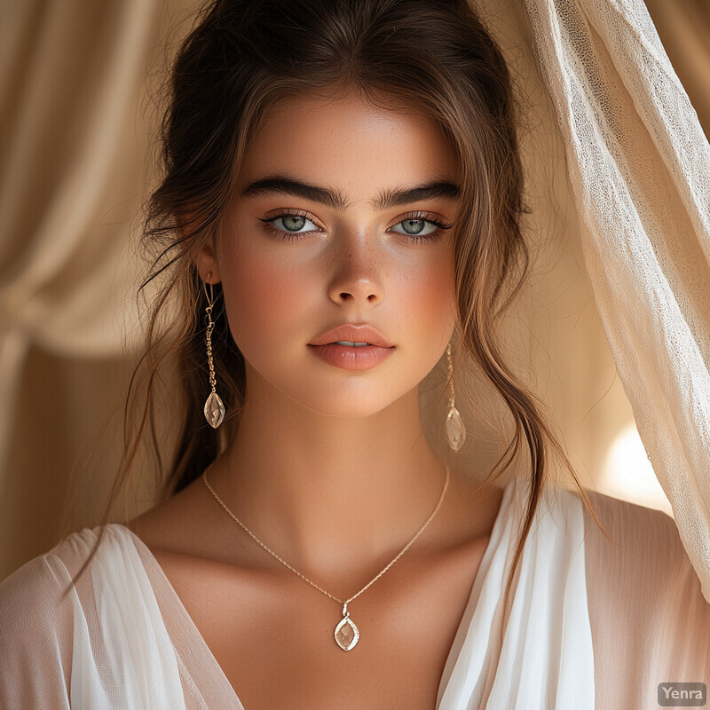 A young woman with fair skin and brown hair styled in an updo, wearing a white dress and exuding confidence and poise.