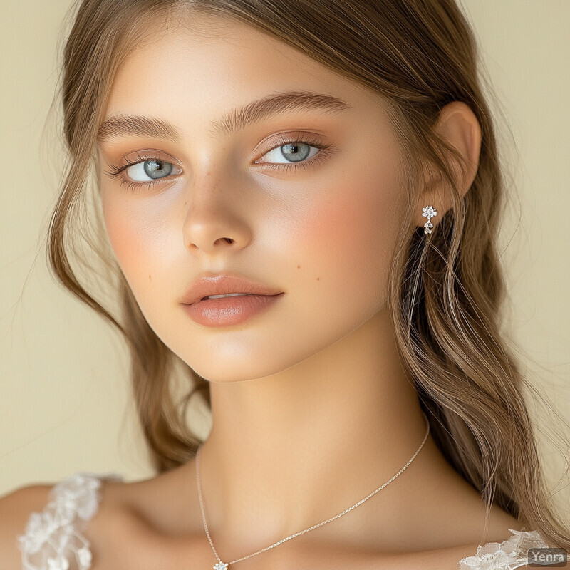 A young woman with fair skin and long brown hair, wearing elegant jewelry and a white lace dress, poses against a plain beige wall.