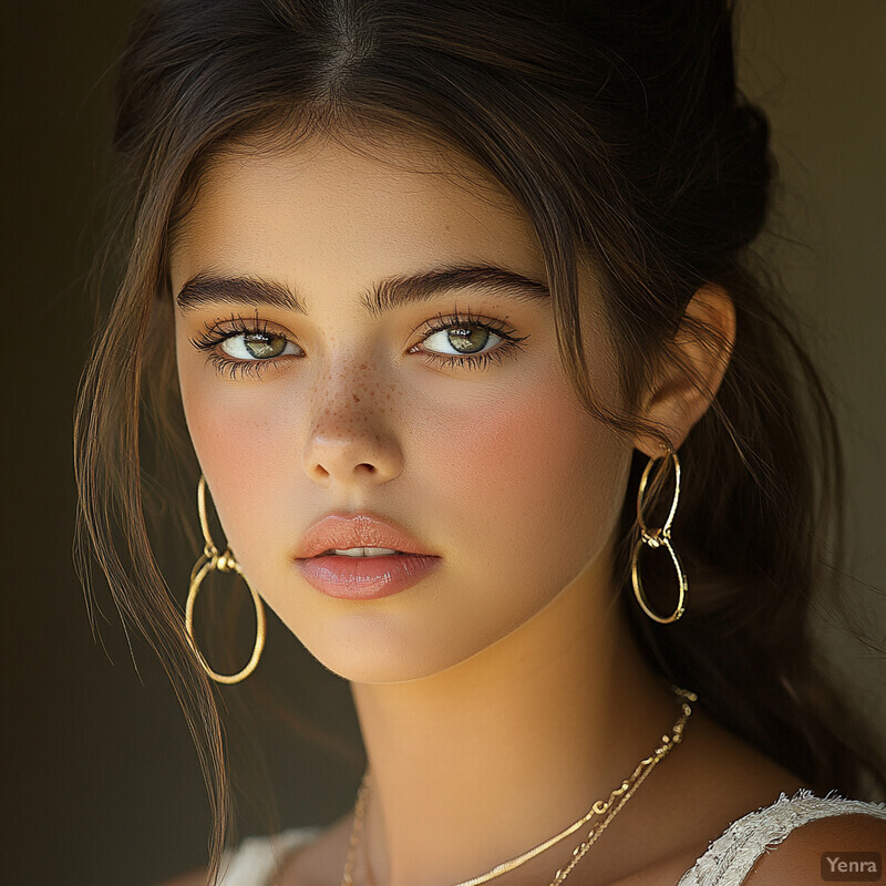 A close-up portrait of a young woman with striking green eyes and dark hair, wearing gold hoop earrings and a white lace top or dress.