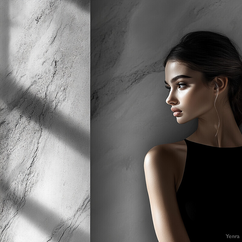 A woman in a black tank top stands in front of a gray wall with white marbling, posing for a photo shoot or modeling session.