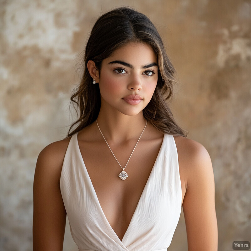 A young woman with long brown hair and tan skin wears a white sleeveless dress or top with a deep V-neckline, accessorized with a silver necklace and earrings, set against a blurred background that could be a wall or stone surface.