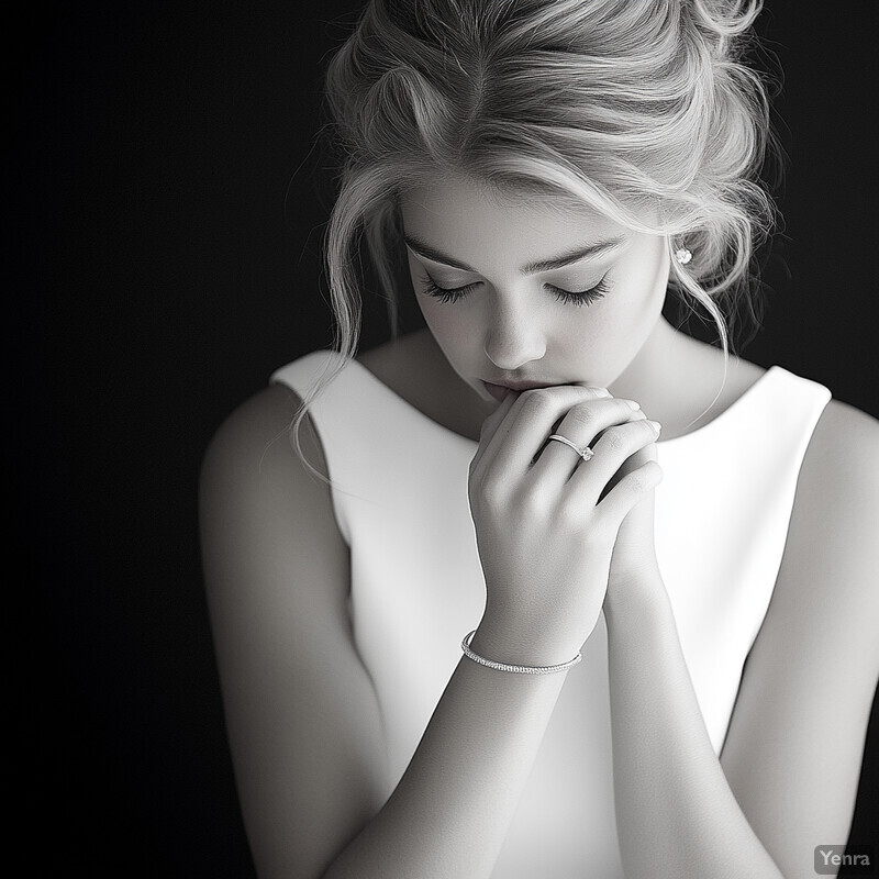 A young woman with blonde hair and elegant jewelry poses for a formal portrait, possibly at a wedding or prom.