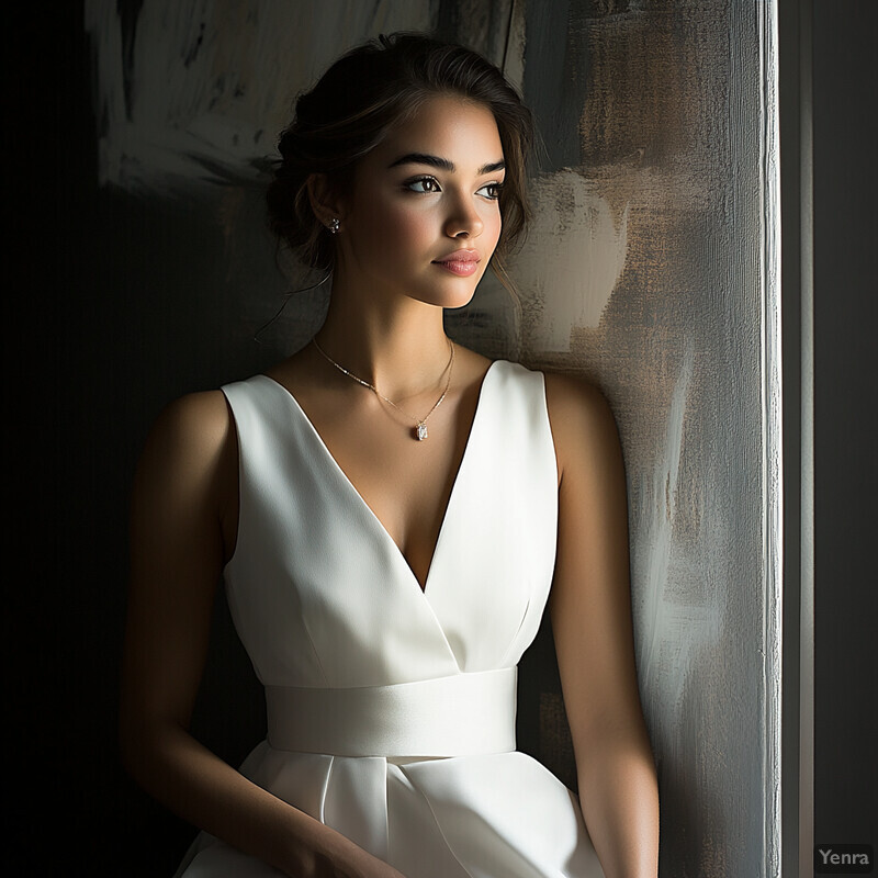 A woman dressed in a white dress with a deep V-neckline and matching belt, posing for a formal photo shoot.