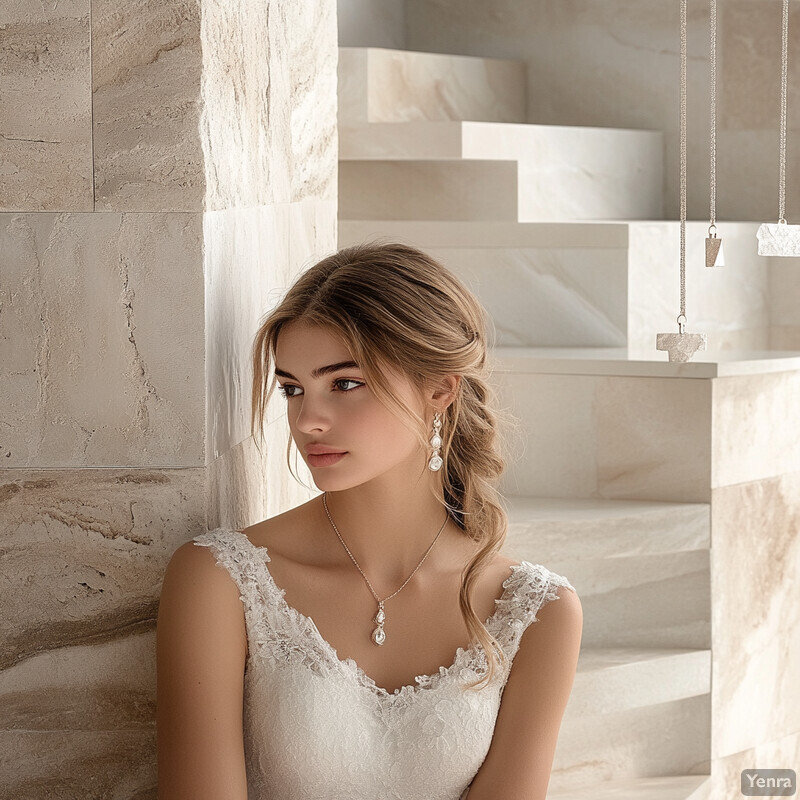 A young woman in a white wedding dress poses elegantly in front of a marble wall, exuding confidence and poise.