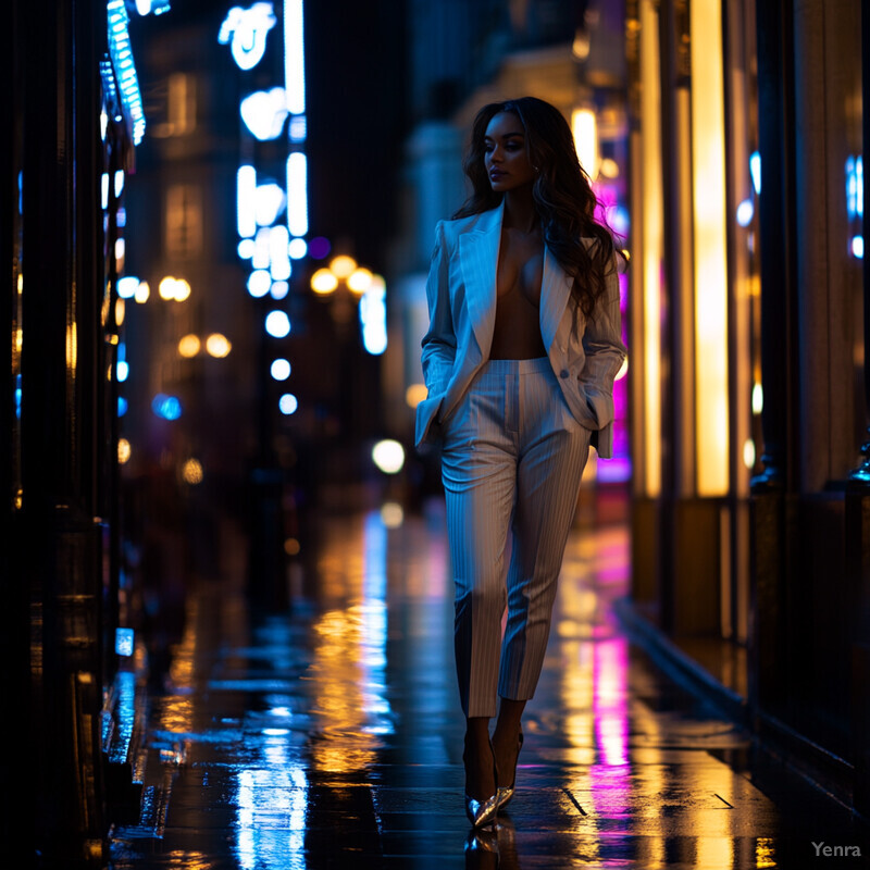 A woman in a white pinstripe pantsuit walks down a city street at night