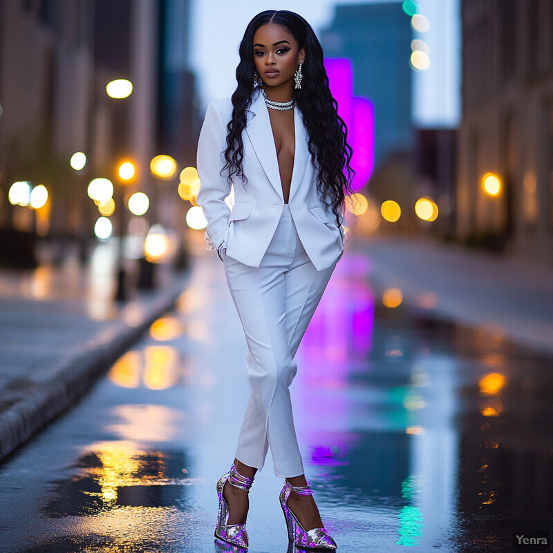 A woman in a white suit stands on a city street at night, exuding elegance and poise.