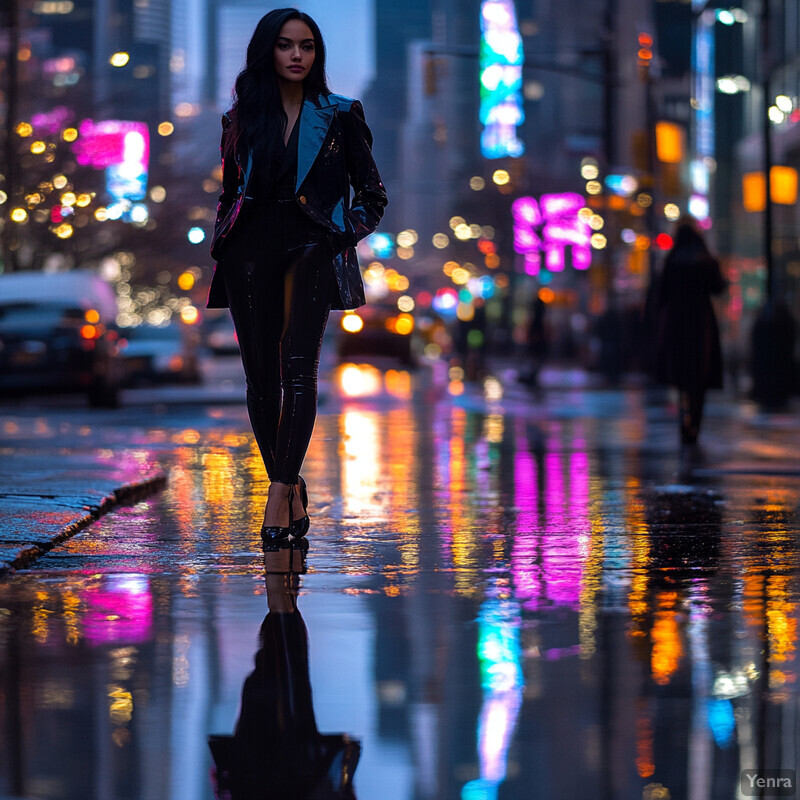 A woman walks down a city street at dusk or dawn, dressed in black leather jacket and leggings with silver-studded shoes, surrounded by reflected city lights and blurred silhouettes.