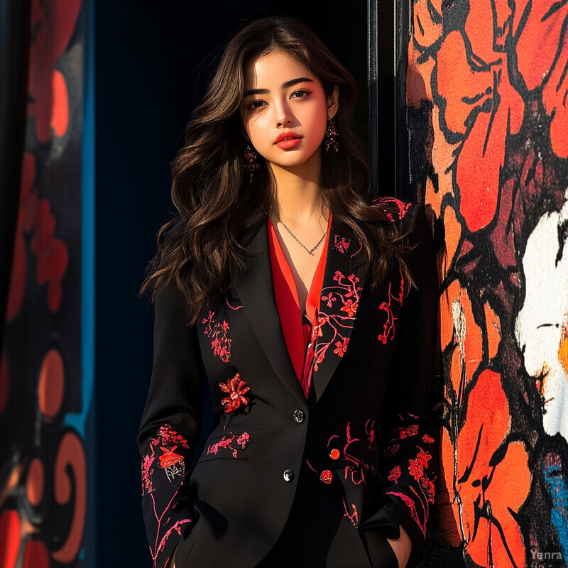 A young woman poses confidently in front of a vibrant graffiti wall, showcasing her stylish black suit and accessories.