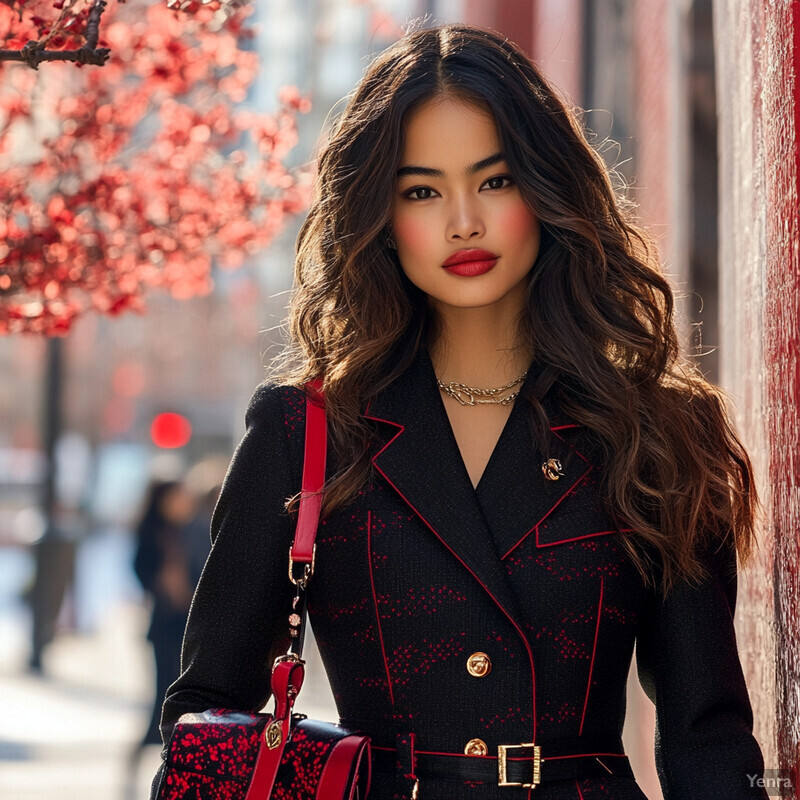 An Asian woman stands in front of a red wall or fence, wearing a black jacket and carrying a red purse.