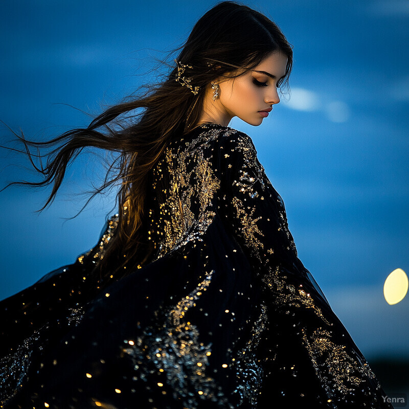 A woman in a black dress with gold sequins or embroidery turns to reveal half of her face, gazing downward with a contemplative expression.