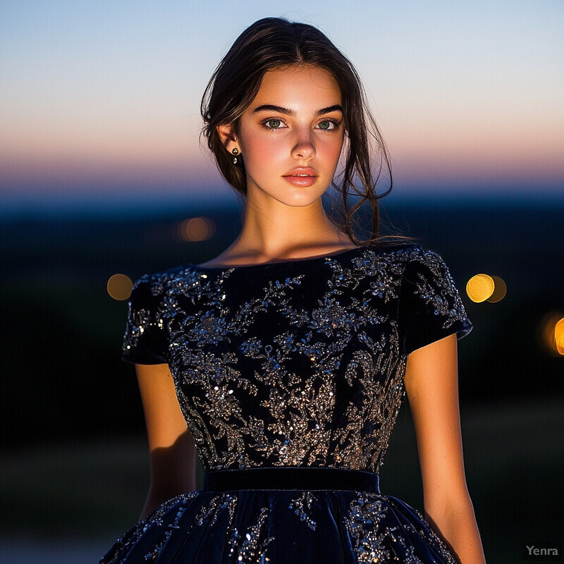 A young woman in a beautiful black dress poses outdoors at dusk, exuding elegance and serenity.