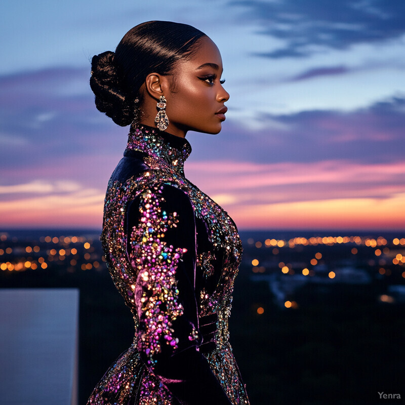 A woman stands on a rooftop, gazing out at the city skyline in her glamorous purple dress.