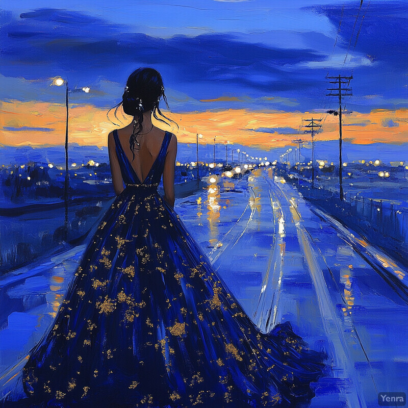 A woman in a blue dress walks down a wet road at dusk or dawn.