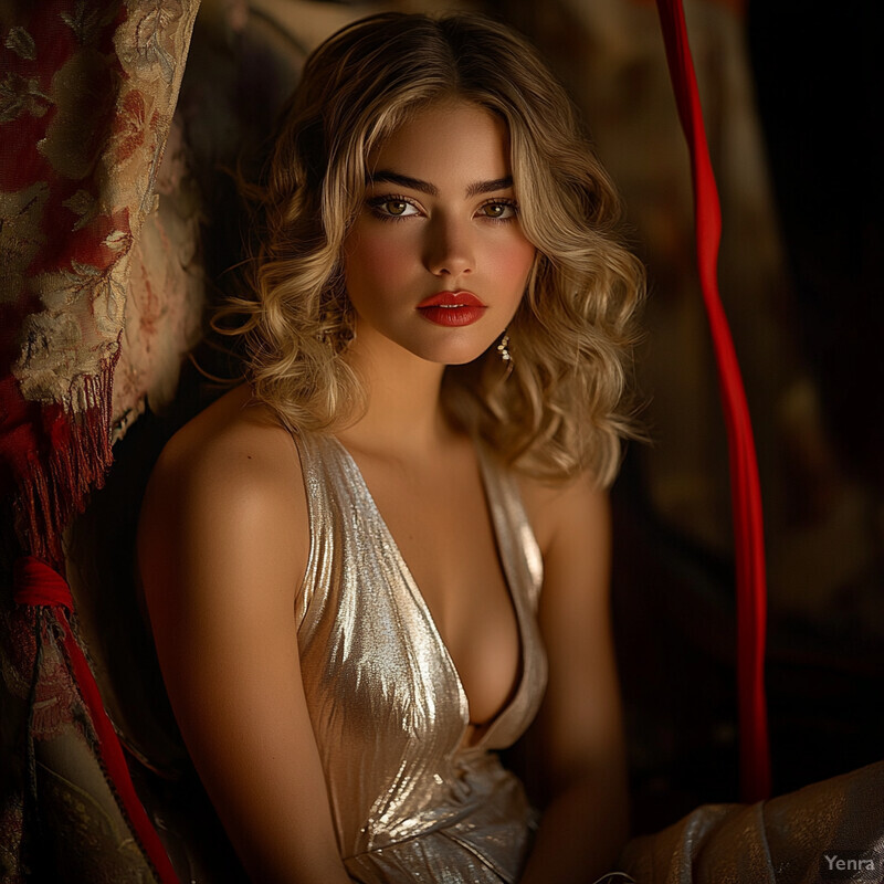 A woman with wavy blonde hair and bold makeup wears a metallic gold dress in an indoor setting