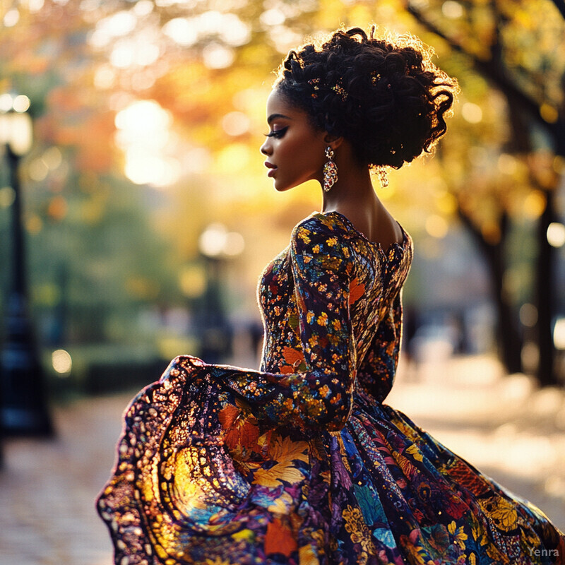 A woman with dark skin and curly hair wears a vibrant floral dress and large dangling earrings in an outdoor setting.