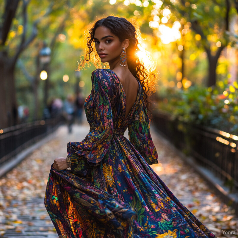 A woman in a vibrant floral dress poses on a tree-lined path, exuding elegance and poise.