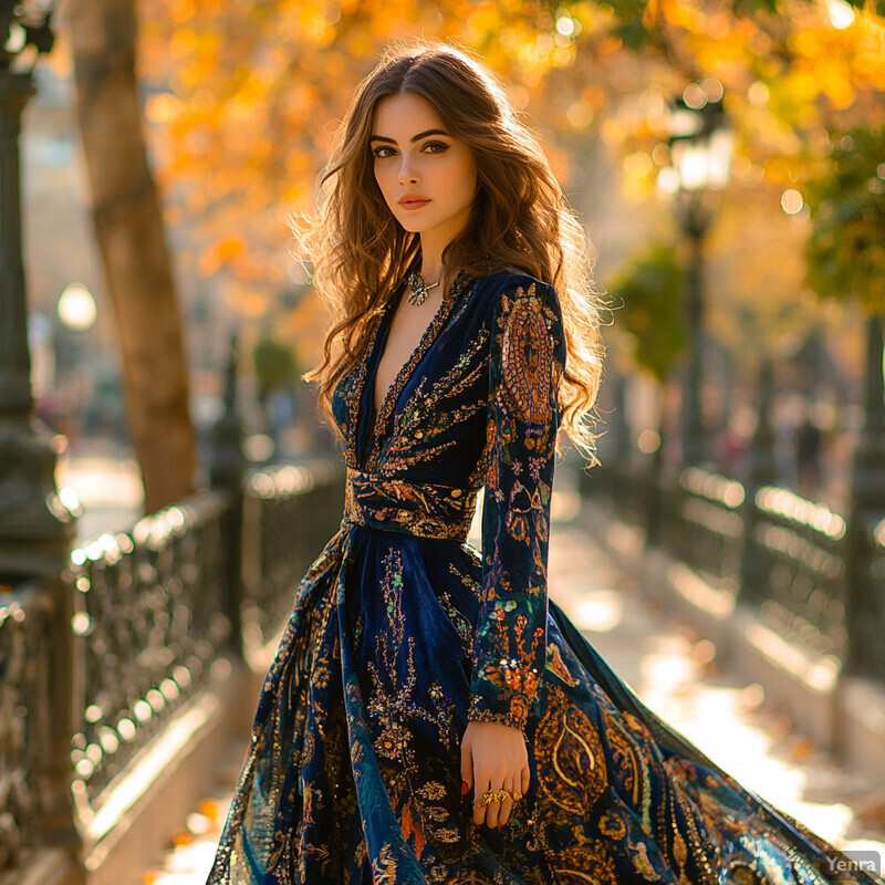 A young woman stands in front of a blurred background, wearing a blue dress with gold embroidery.