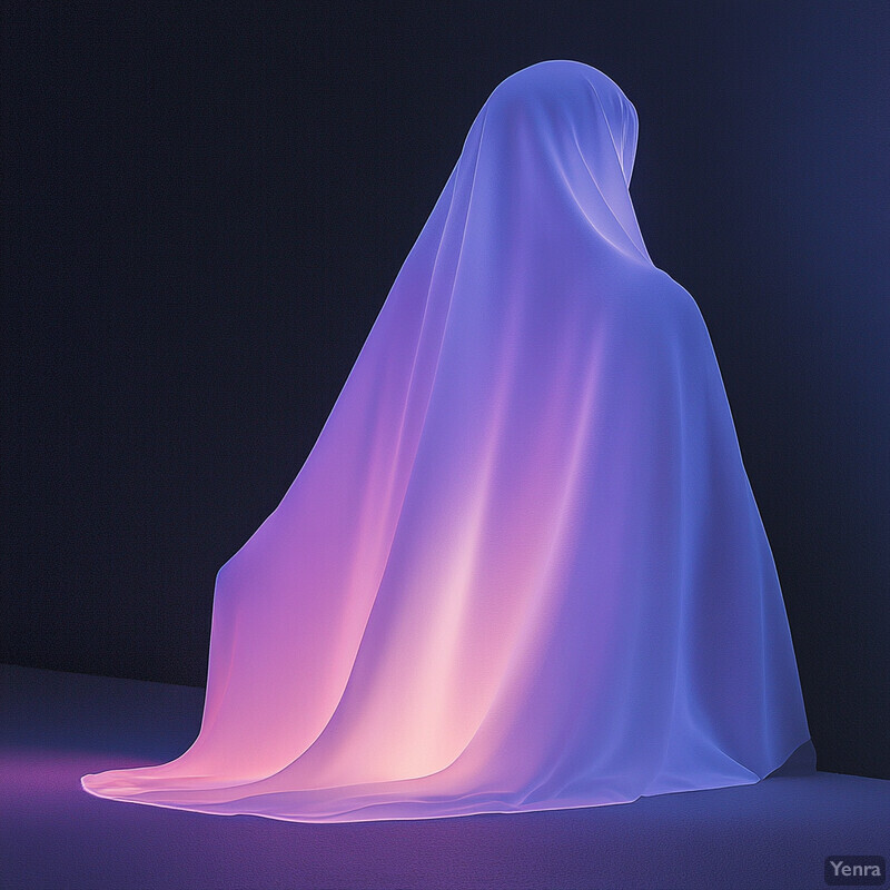 A luminous, ghostly figure with vibrant color gradients stands alone against a black background, emitting a soft, ethereal glow.