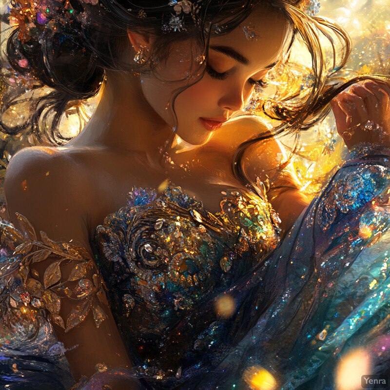 Aurora Adorned is a serene and elegant portrait of a woman lost in thought, surrounded by intricate details and sparkling colors.