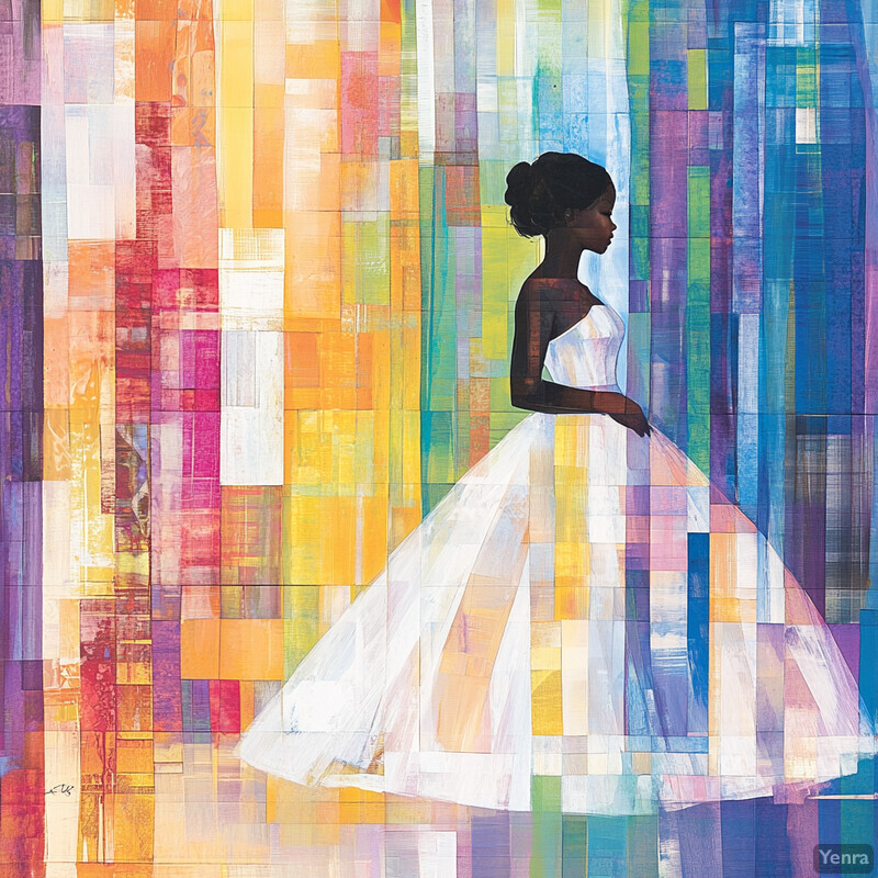 A woman in a white dress stands against a vibrant multicolored background