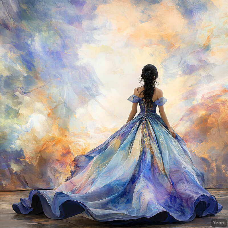 A woman in a stunning blue dress stands against a vibrant, swirling background.