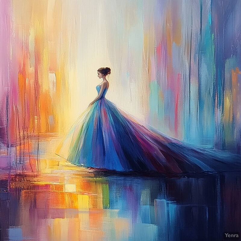 A woman in a blue ball gown stands on a reflective floor against an abstract background.