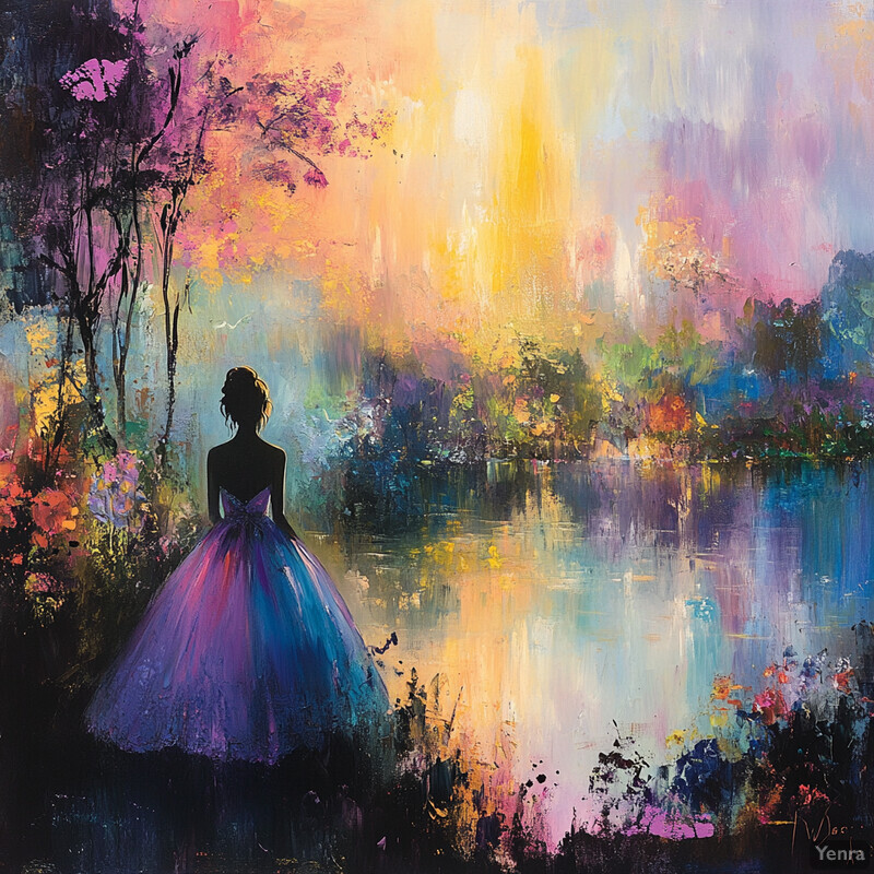 A woman in a blue and pink ball gown stands by a lake surrounded by lush trees.