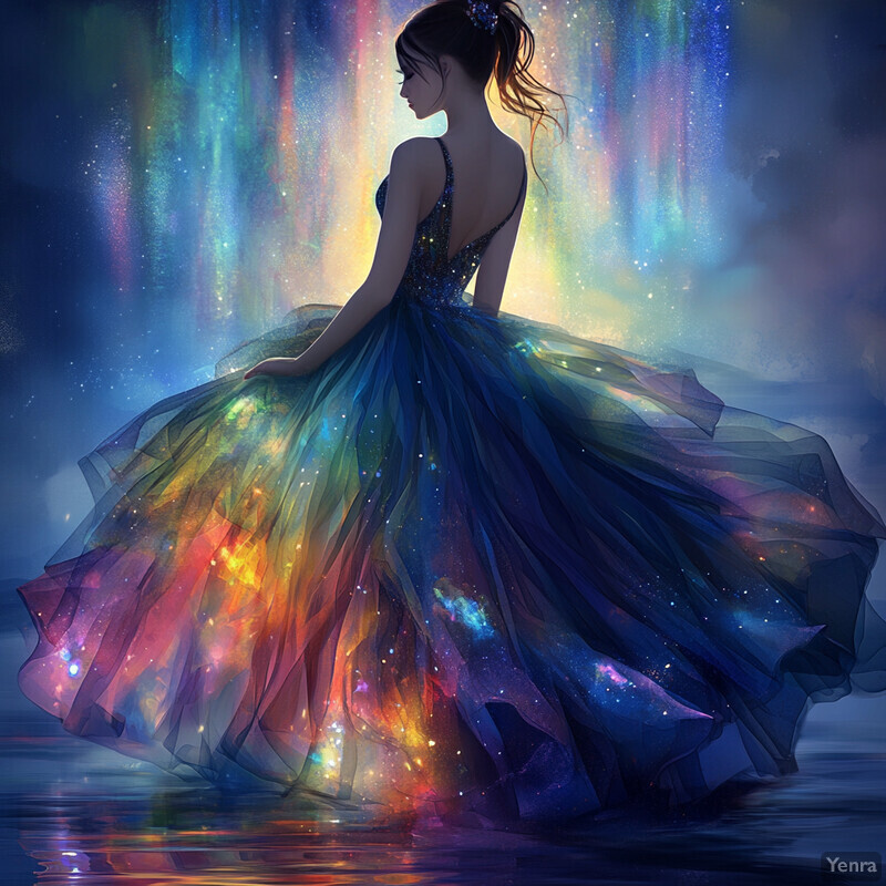 A woman in an aurora-inspired gown with a galaxy-print skirt, surrounded by a vibrant aura.