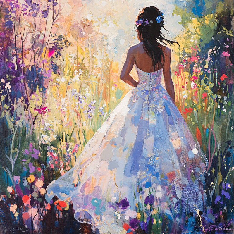 A woman in a floral dress stands amidst a lush garden of flowers, exuding serenity and contemplation.