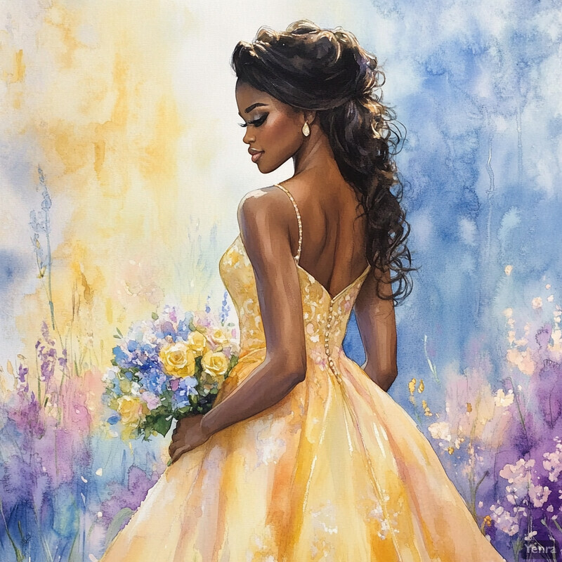 A woman in a yellow ball gown standing in a field of wildflowers