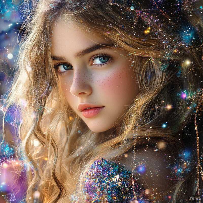 A young girl with long blonde hair and blue eyes gazes directly at the camera in this professionally edited photo