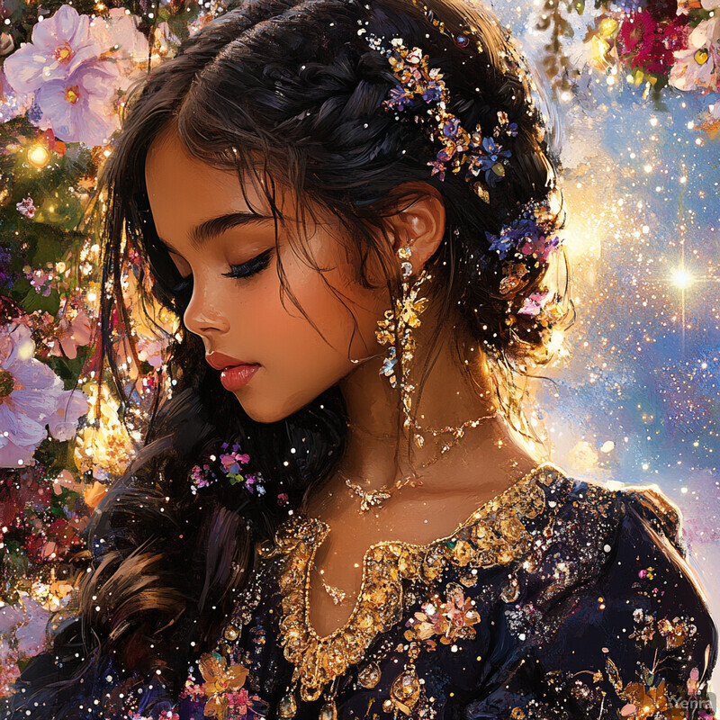 A woman with long, dark hair adorned with flowers and sparkles set against a colorful backdrop.