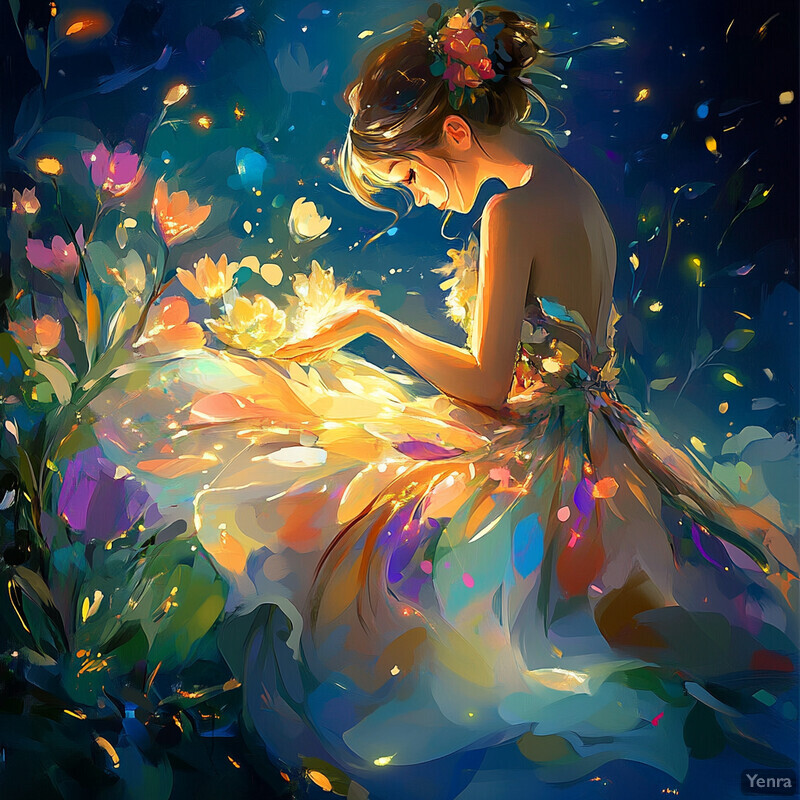 A serene depiction of a woman surrounded by flowers and foliage