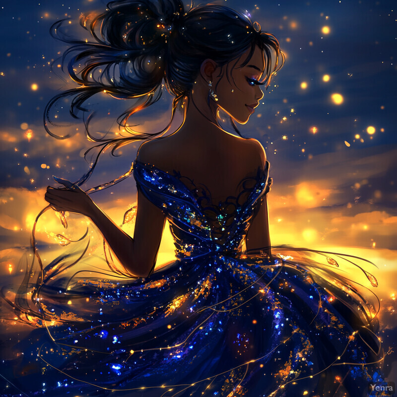 A woman in a blue dress with gold embroidery, standing confidently with an otherworldly glow.