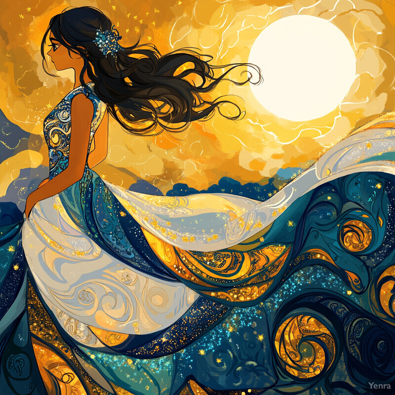 A woman in a celestial-inspired dress gazes towards the right side of the image set against a vibrant orange sky.