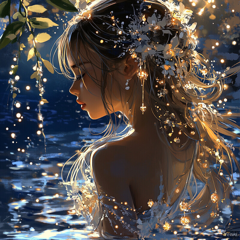 A serene and enchanting scene featuring an ethereal woman with long hair adorned with flowers and lights, standing in front of a calm body of water.