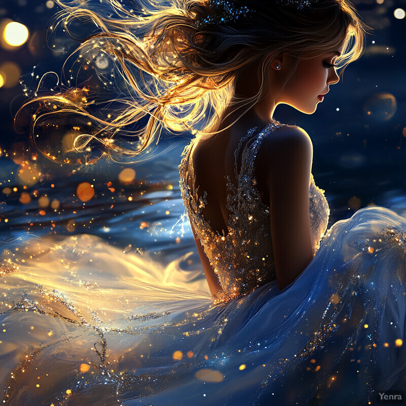 A serene and ethereal woman stands amidst swirling clouds, her face closed in peace.