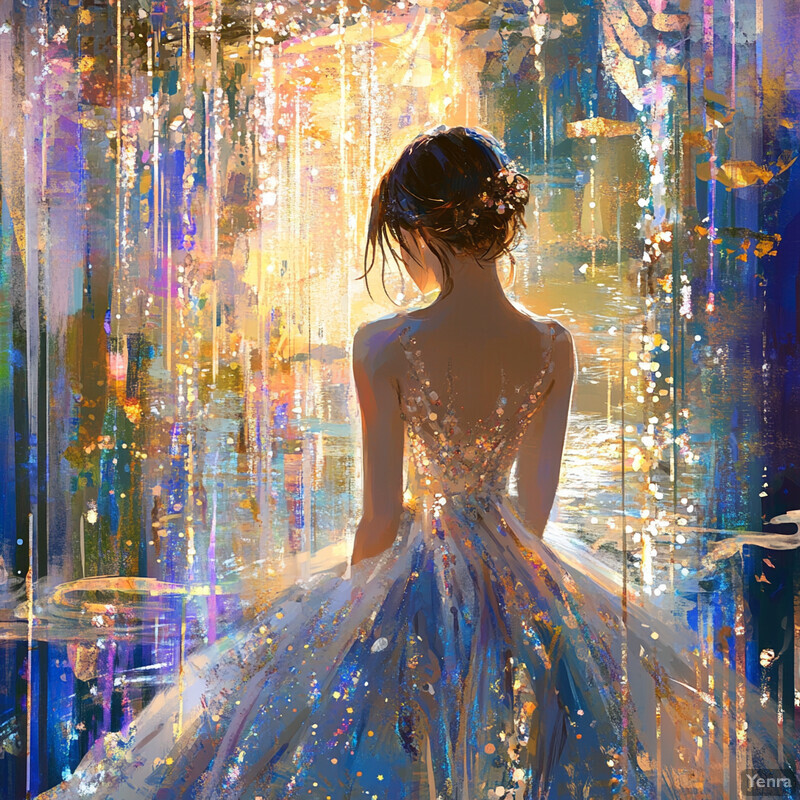 An ethereal woman stands before a majestic waterfall, surrounded by lush greenery and vibrant flowers, in the Celestial Cascade painting.