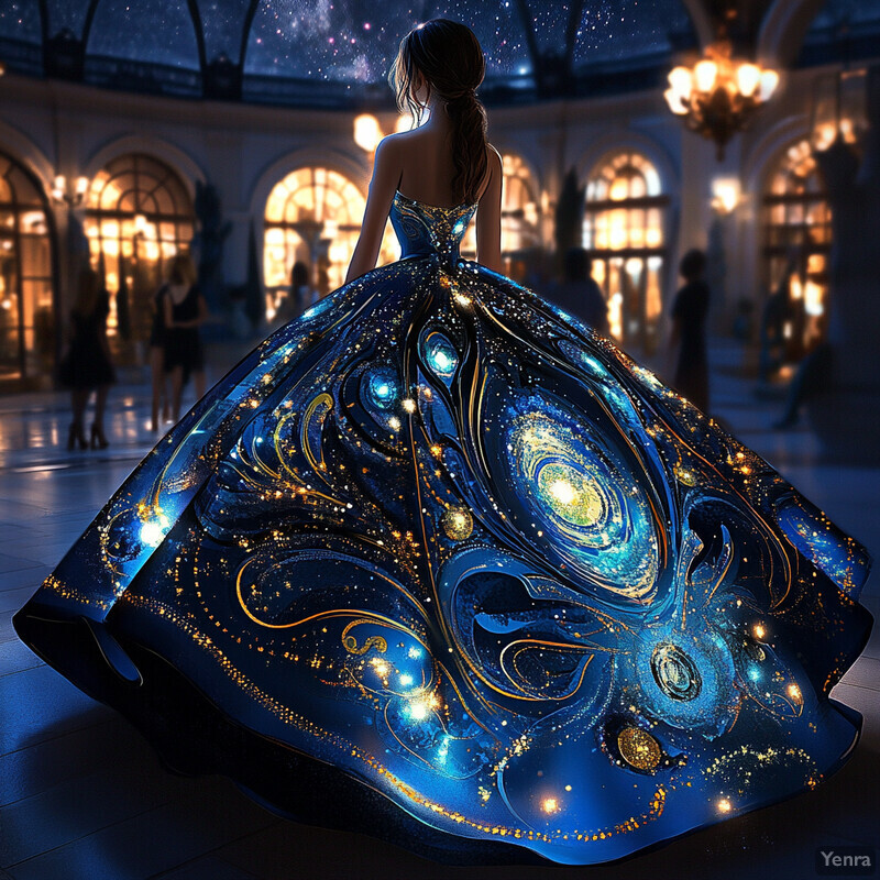 A woman wears a stunning celestial-inspired gown in a luxurious setting.