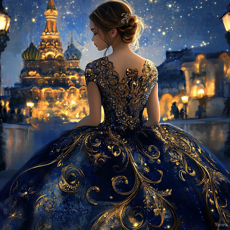 A woman stands in front of a cityscape at night, wearing an elaborate gown with celestial patterns and sparkling jewels.