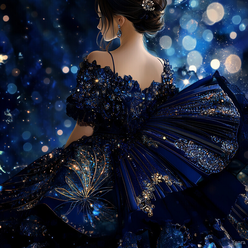 A stunning piece of art featuring a woman in an exquisite blue dress with intricate details and vibrant colors.