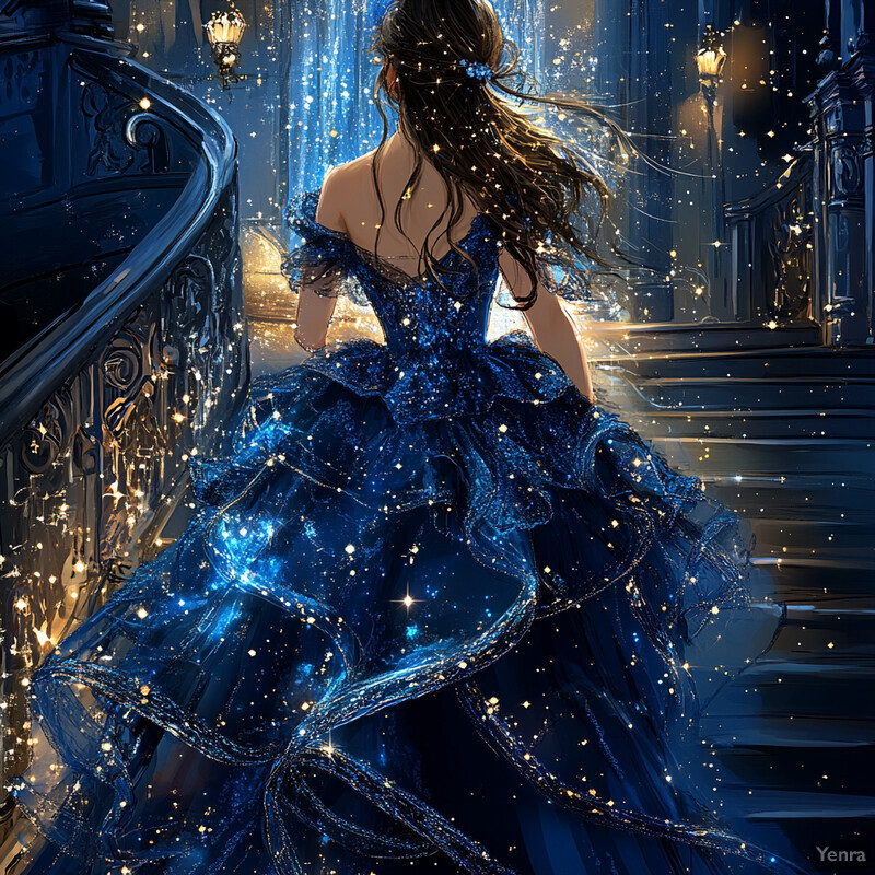 A woman in a blue ballgown walks down a staircase, surrounded by a subtle glow and elegance.