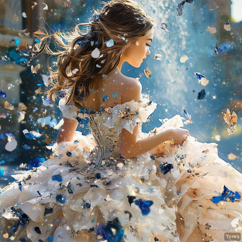 A young girl in a beautiful ballgown surrounded by light and color