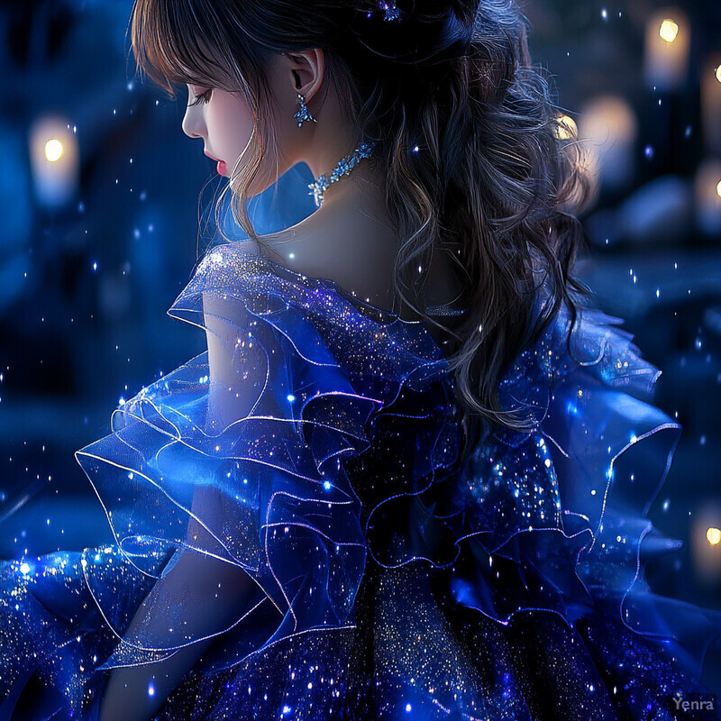 A woman in a stunning royal blue dress with ruffles and tulle/organza skirt stands in front of a blurred outdoor background, lost in thought as she gazes downward. She wears a delicate necklace and has her hair styled in an elegant updo with loose waves framing her face.