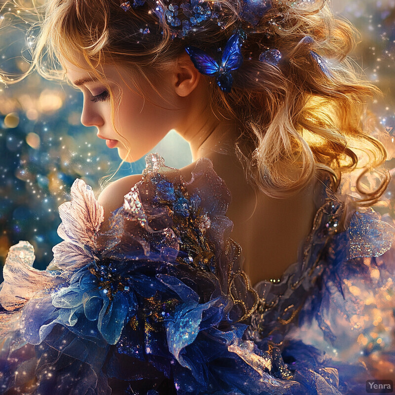 A young woman in an elaborate blue and gold gown with sparkly jewels and butterflies in her hair, lost in thought.