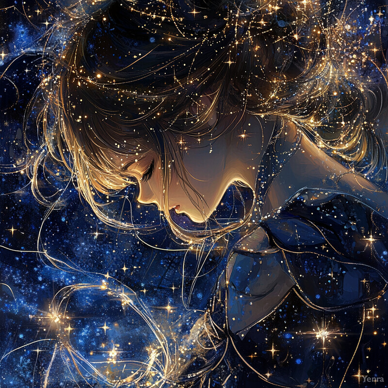 Anime-style illustration of a girl gazing downward with her eyes closed, surrounded by swirling clouds and subtle hints of a cityscape.