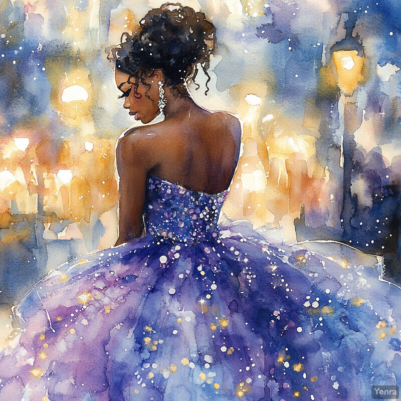 A woman in a purple ball gown stands in front of a cityscape at night, exuding elegance and poise.