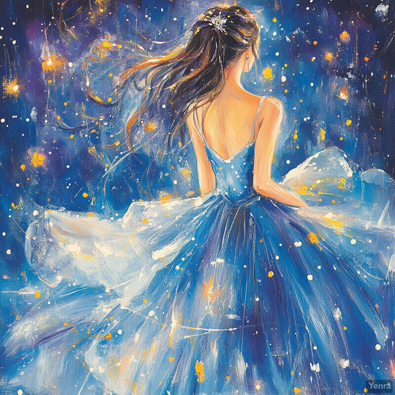 A woman in a blue dress gazes upwards towards the sky, surrounded by a deep blue background reminiscent of a clear night sky filled with stars.