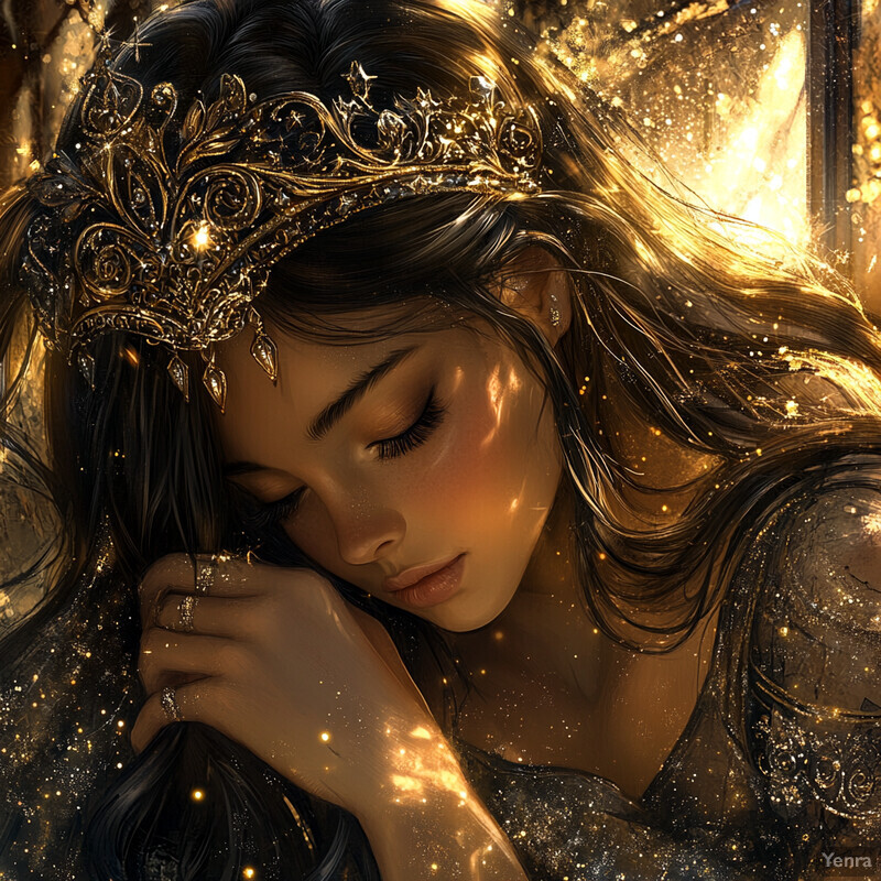 A serene and ethereal scene of a woman adorned with a celestial crown