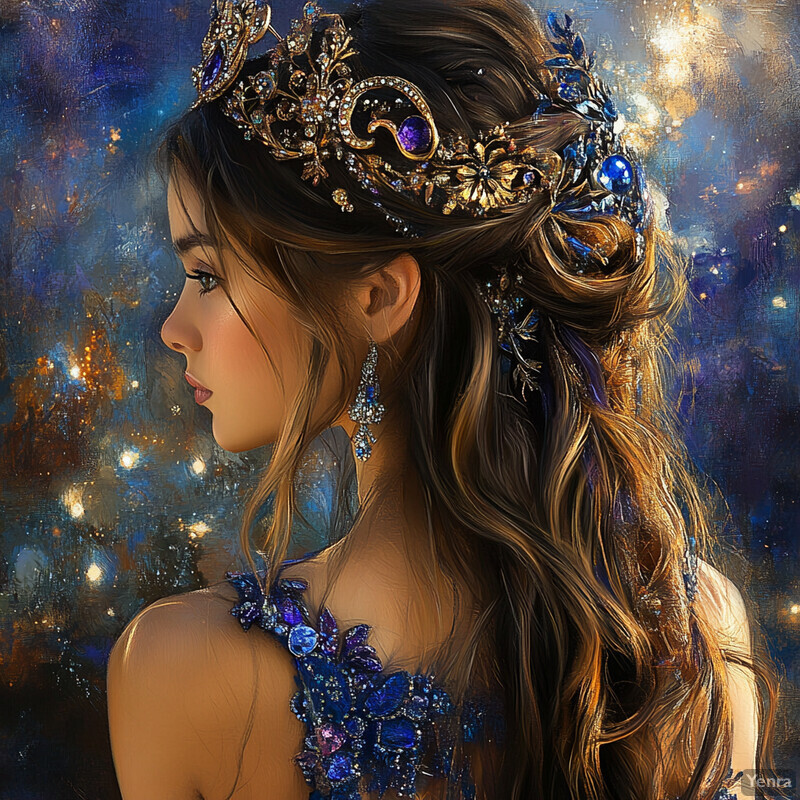 A woman wears an elaborate crown and jewelry, exuding an otherworldly aura.